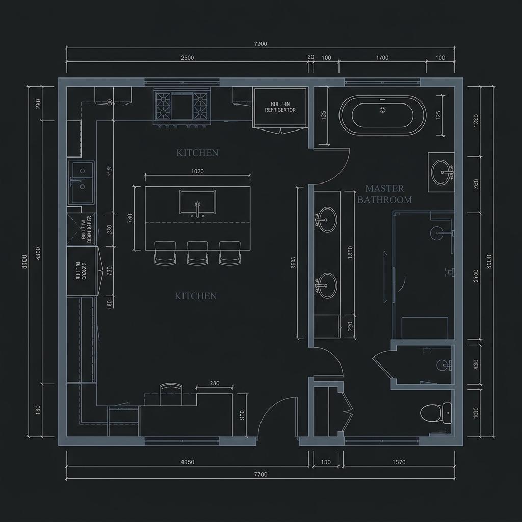 Plan de cuisine coté avec implantation des meubles et de l'électroménager