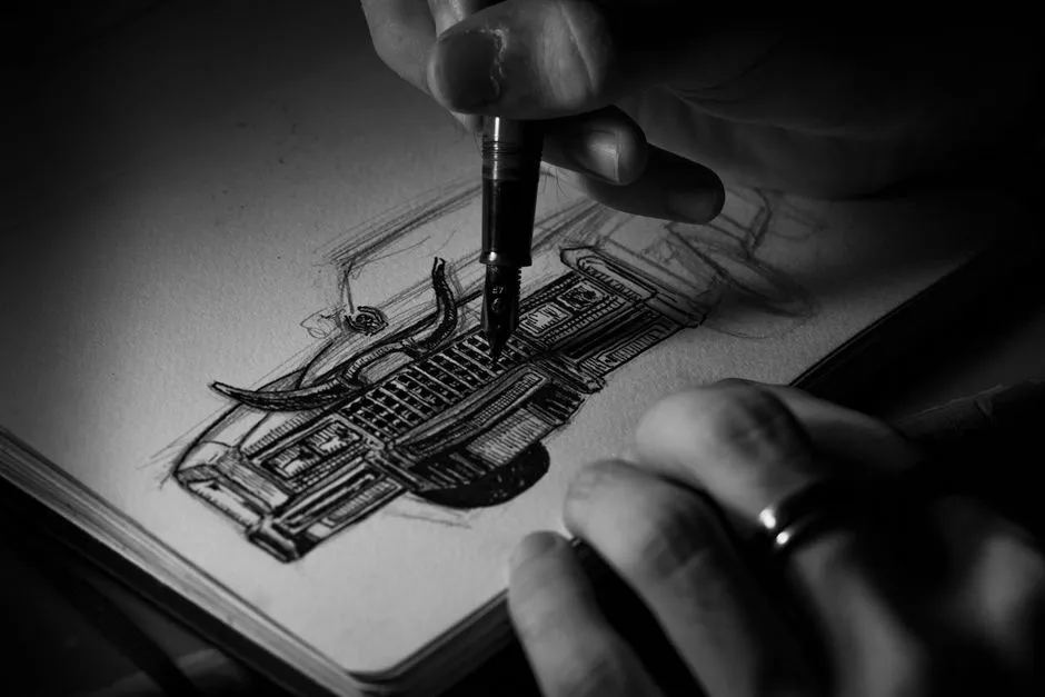 Detailed black and white sketch of a vintage car being drawn by hand.