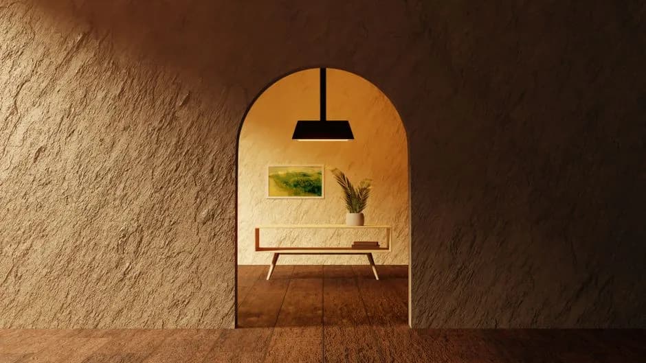 A cozy minimalist room with textured walls and a modern archway, illuminated by warm lighting.