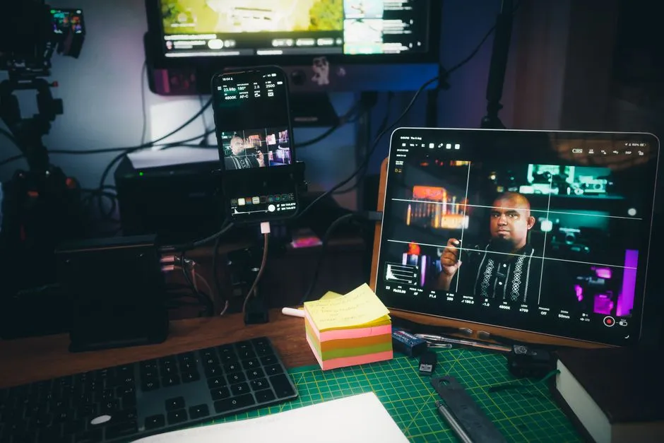 A modern home office featuring digital devices and work essentials, showcasing a contemporary workspace.