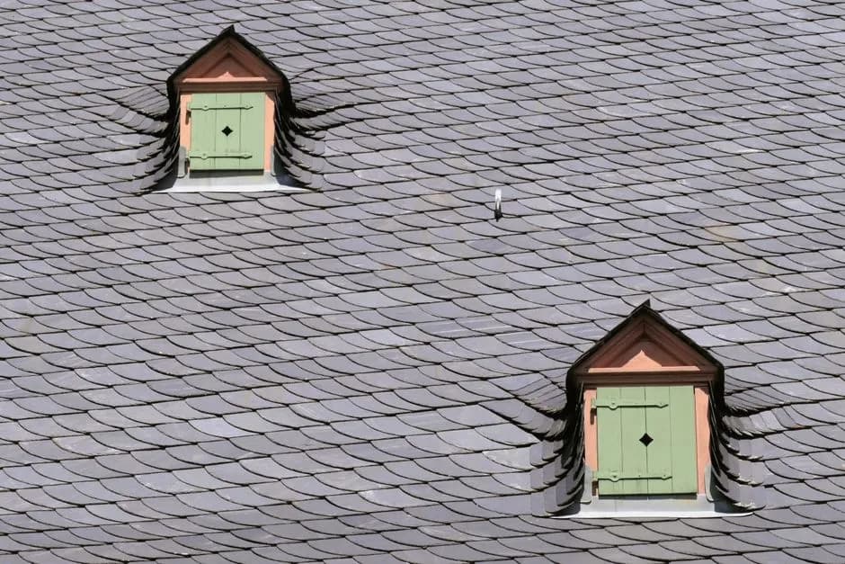Close-up of a slate rooftop featuring two green shuttered dormers under daylight.