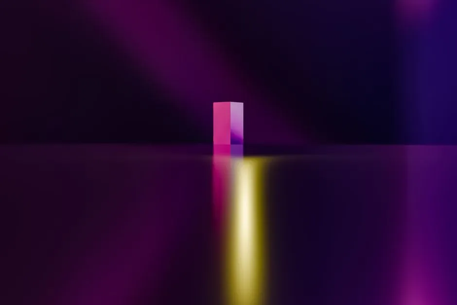 A vibrant geometric artwork showcasing a cube with gradient colors and abstract lighting.