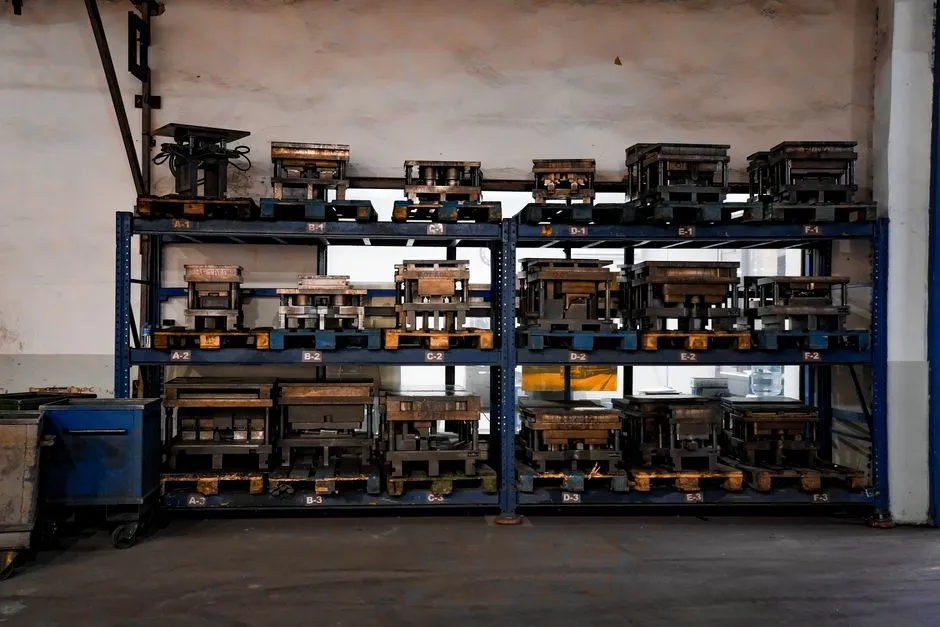 Metal molds neatly arranged on industrial shelving in a warehouse setting, showcasing order and efficiency.