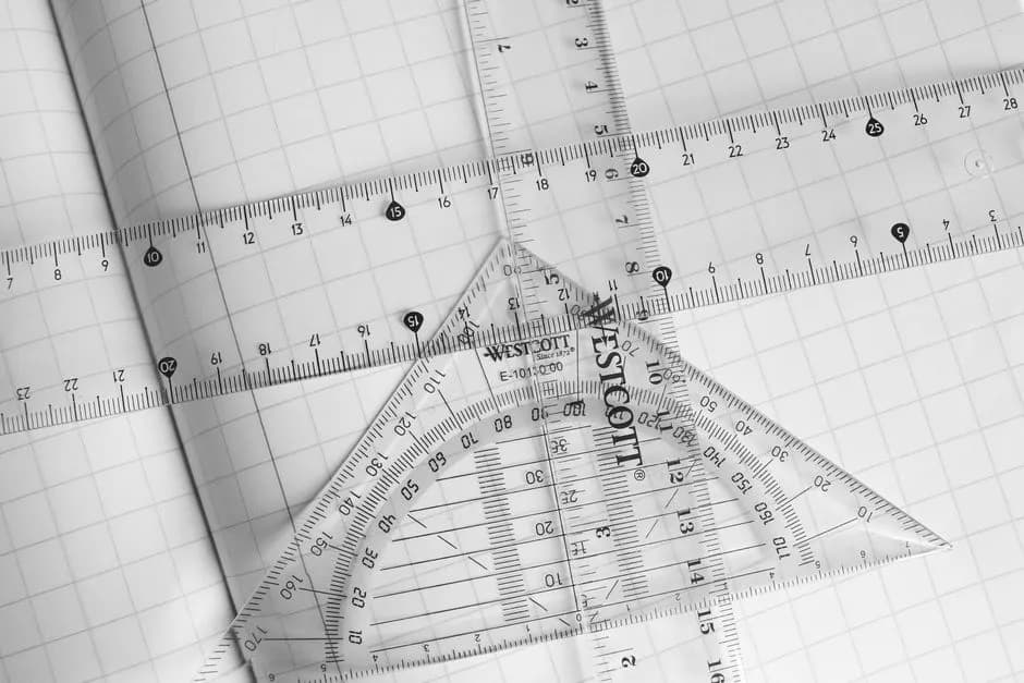 Transparent rulers and protractor arranged on grid paper, ideal for geometry studies.