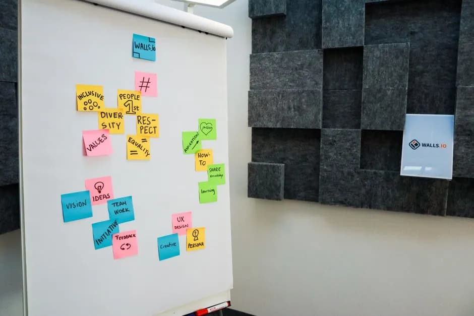Colorful sticky notes on a whiteboard in an office setting, promoting creativity and collaboration.