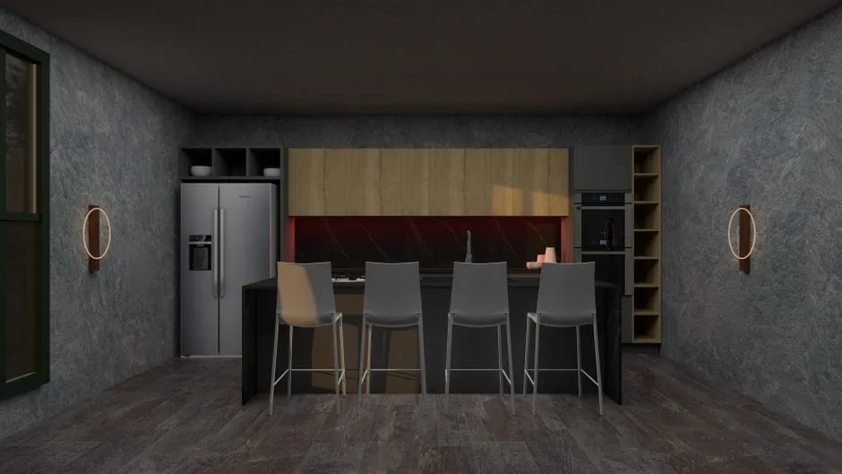 Sleek modern kitchen design with bar stools and appliances.