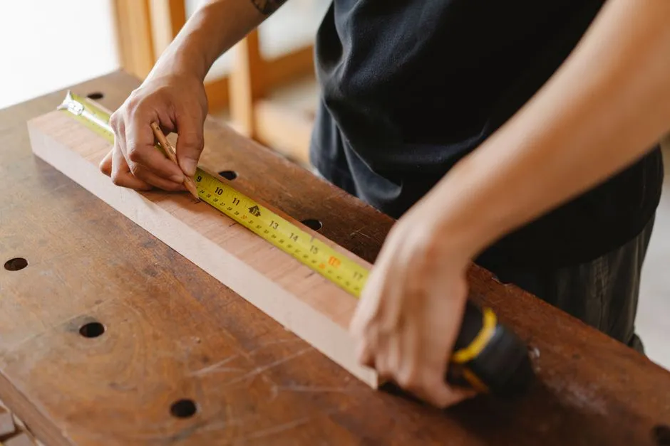 Crop anonymous experienced carpenter measuring timber plank with measurement tape on table in workshop
