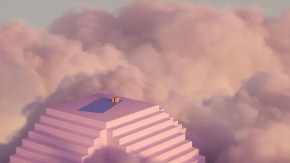 A surreal pink pyramid topped with a staircase, surrounded by fluffy clouds.
