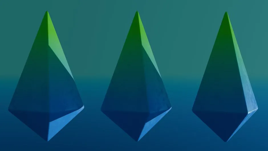 Abstract 3D art featuring triangular pyramid shapes in a gradient of green and blue.