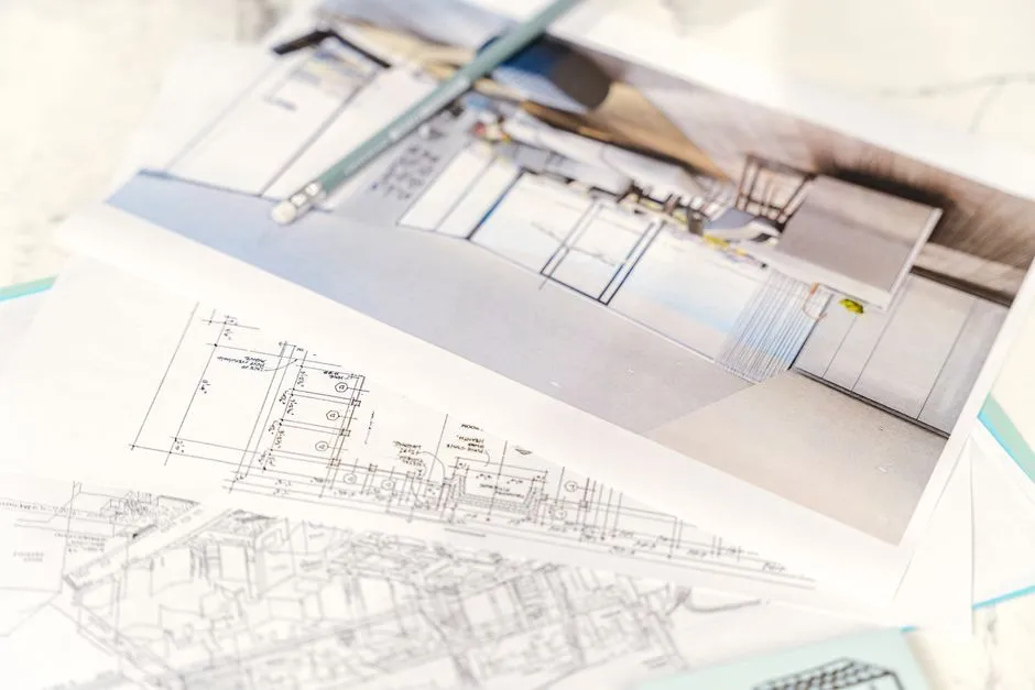 Close-up of architectural blueprints and 3D design on paper with pencil on a desk.