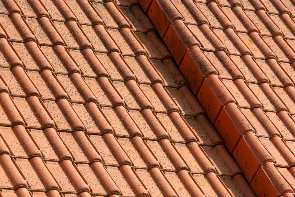 Detailed view of terracotta roof tiles showcasing texture and pattern, ideal for architectural designs.