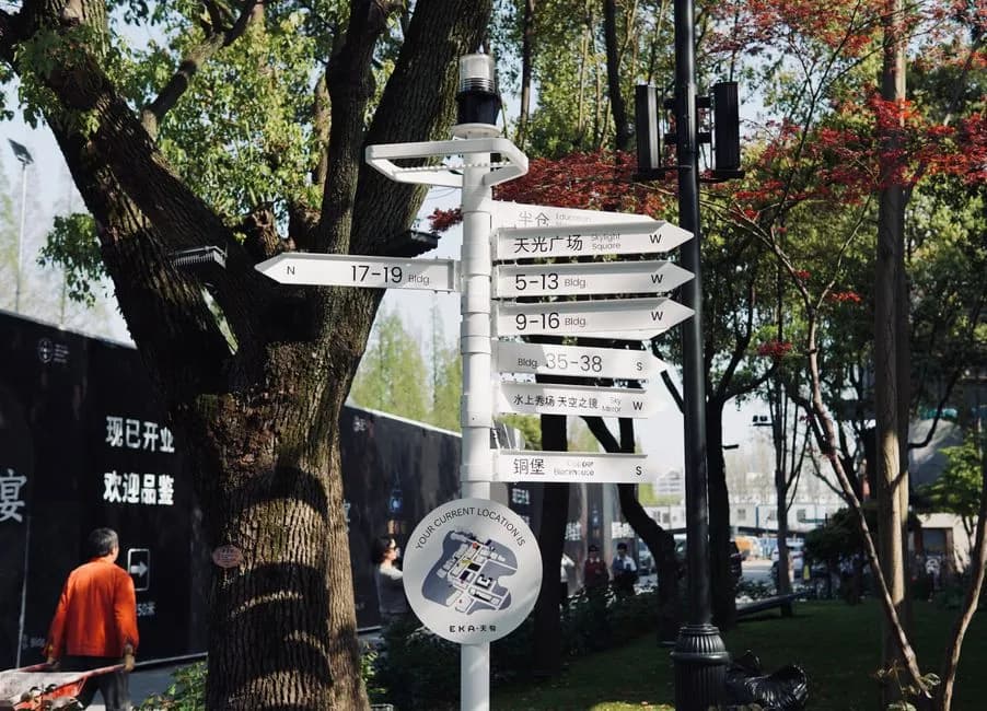 Multi-directional signpost in a Japanese park surrounded by lush trees and urban environment.