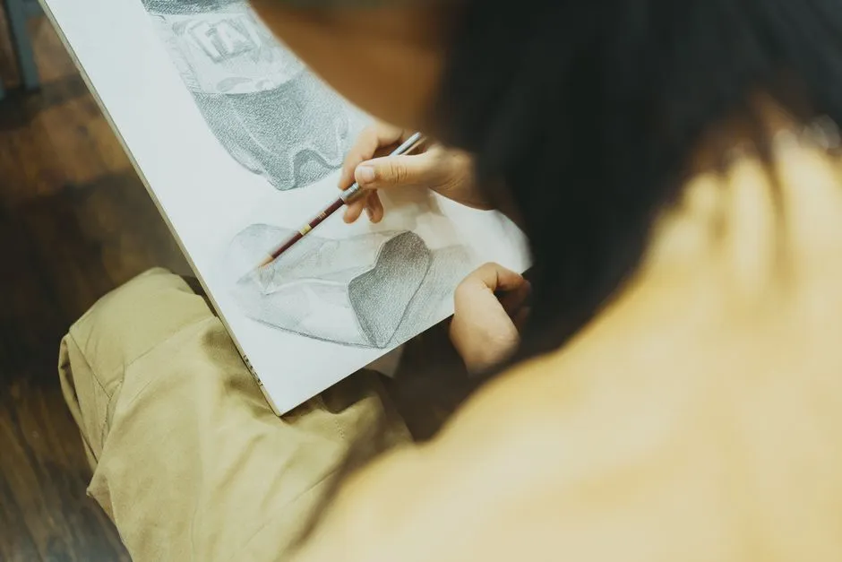 Close-up of a person sketching a detailed design in a creative classroom setting in Tokyo.