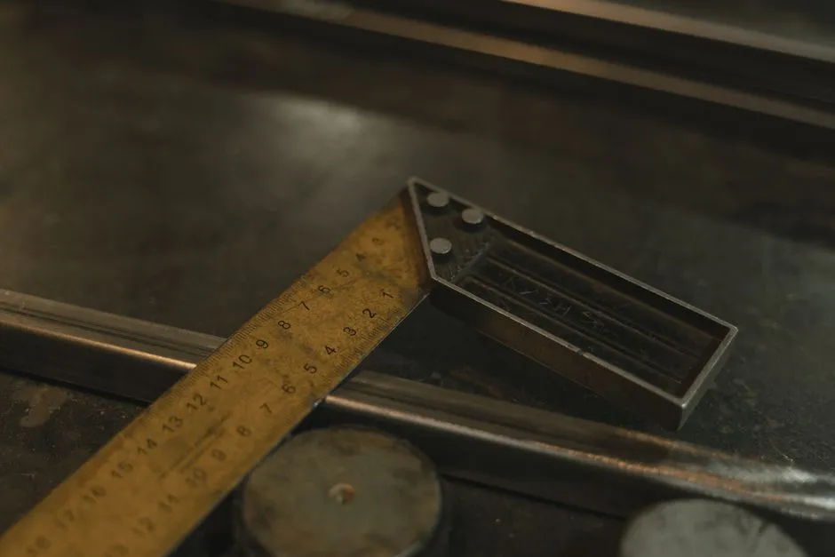 Close-up shot of a metal ruler and measuring tool on a workshop surface.