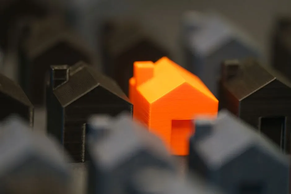 A vibrant orange model house stands out among black miniature houses, symbolizing real estate concepts.
