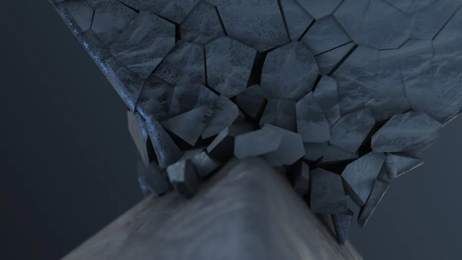 3D rendered image of a geometric stone cracking structure with abstract design.
