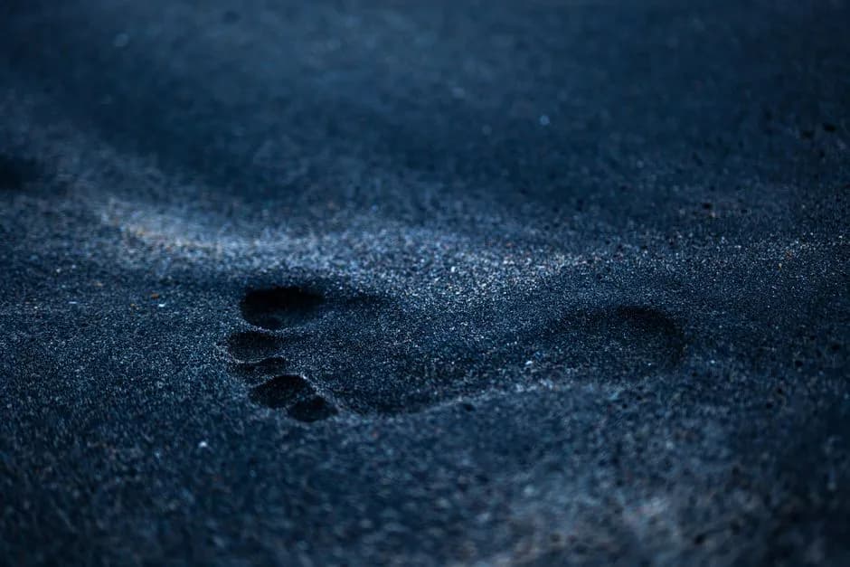 A single footprint embedded in dark sand, captured during a moonlit night.