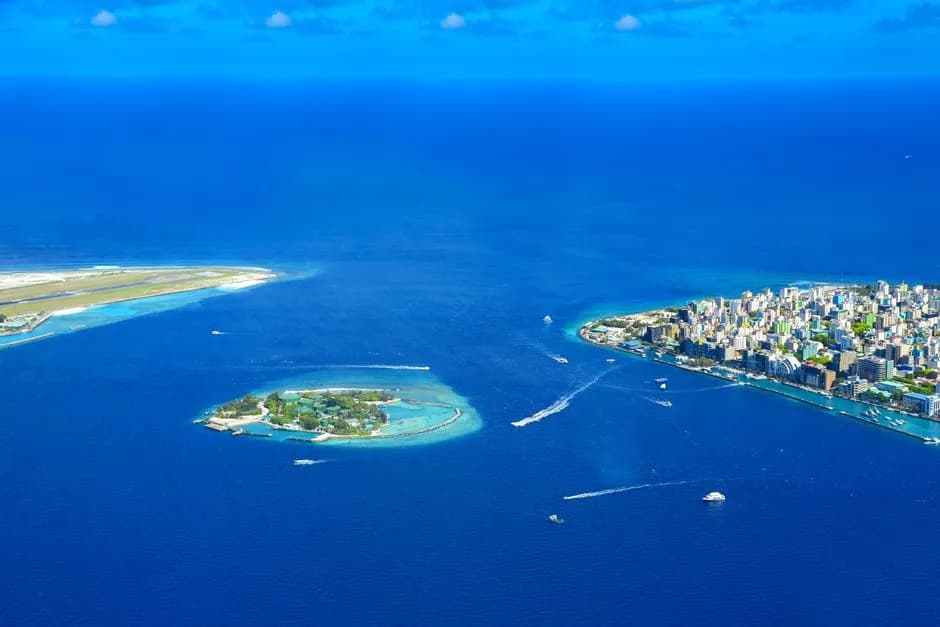 Stunning aerial photography capturing Malé City and surrounding islands in the Maldives.