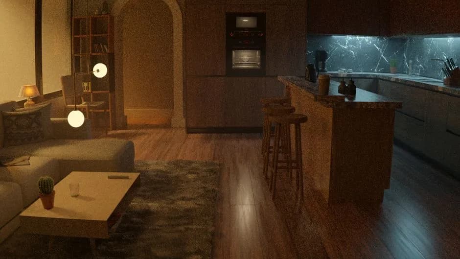 A warm, cozy living room and kitchen interior with modern lighting and furniture.
