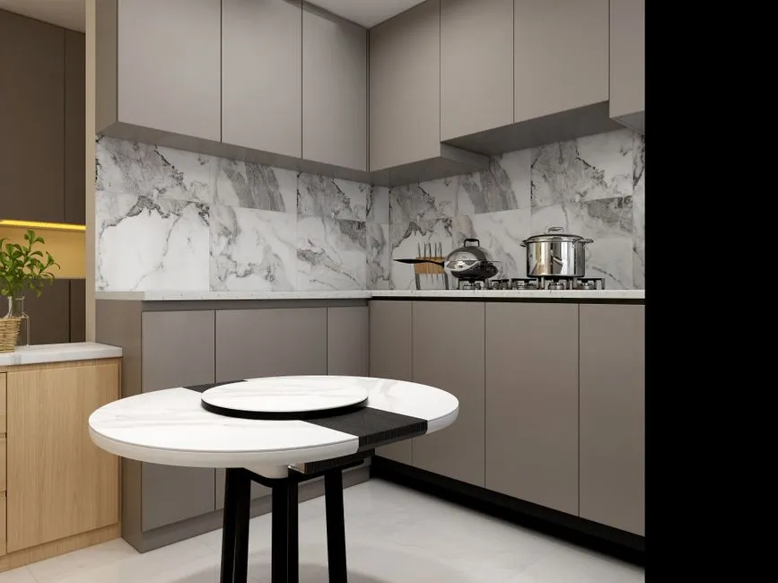 Sleek kitchen with marble backsplash and round table exemplifying modern minimalist style.