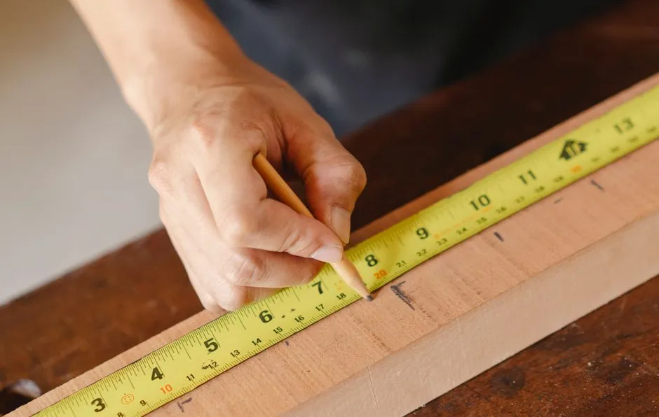 Crop anonymous male marking with pencil while measuring length of timber plank with measurement tape