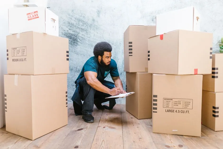 An adult man in workwear checks a clipboard while surrounded by moving boxes in an indoor setting.