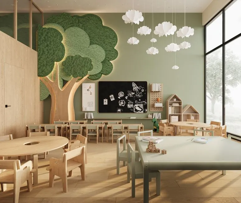 Spacious kindergarten classroom with wooden furniture, a tree mural, and cloud lights for a playful atmosphere.