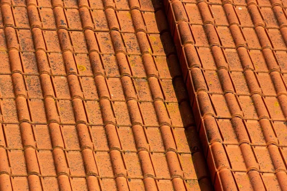 Close-up of terracotta roof tiles showcasing weathered texture and earthy tones.