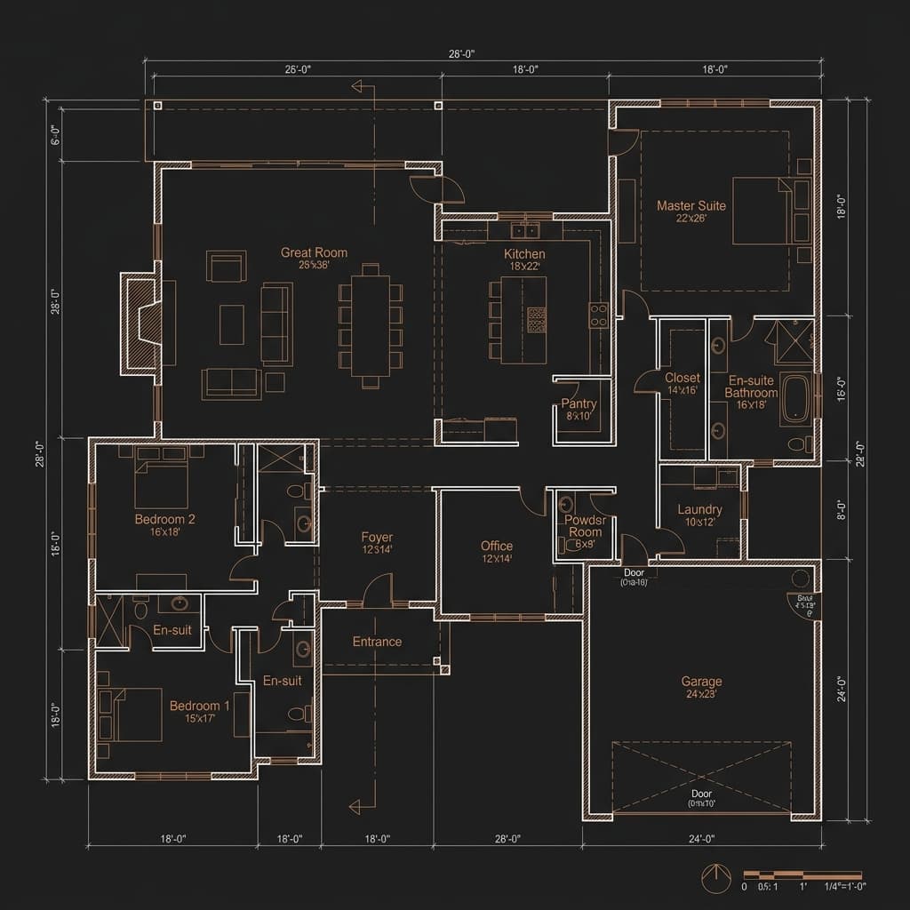 Detailed 2D architectural floor plan with dimensions