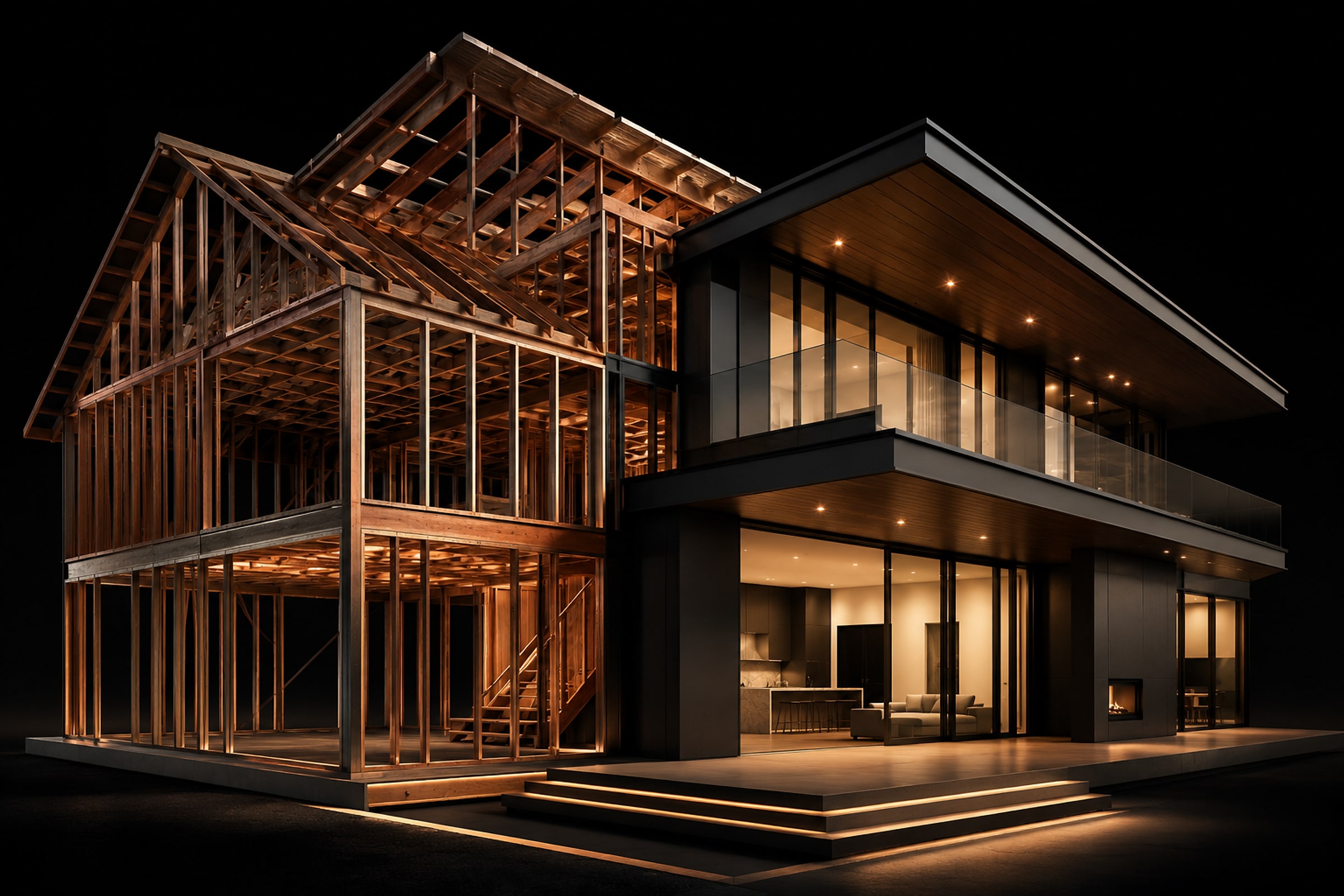 A home moving from a timber-framed model to a finished build, designed in ArchiMaster 3D