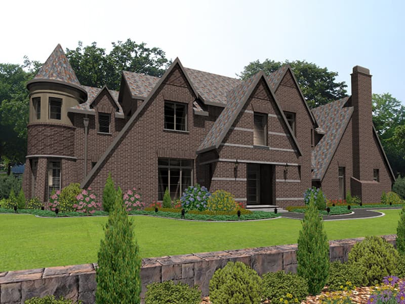 Vue 3D d'une maison en brique avec pignons et aménagement paysager