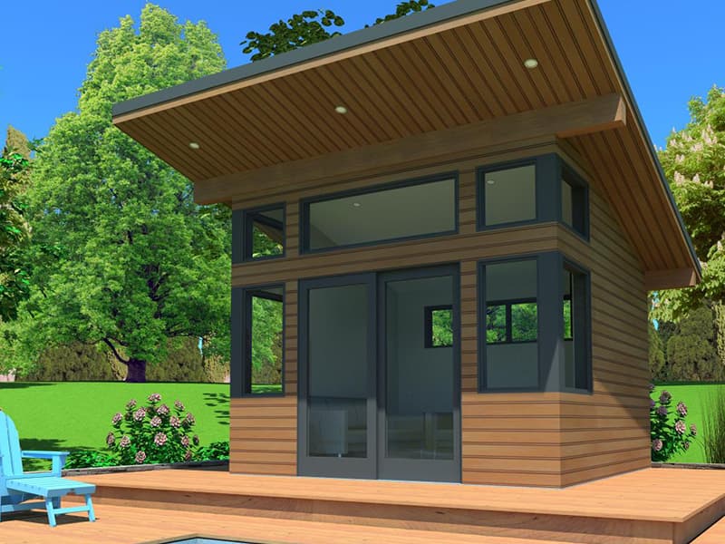 Abri de jardin contemporain en bois avec terrasse en platelage, modélisé en 3D