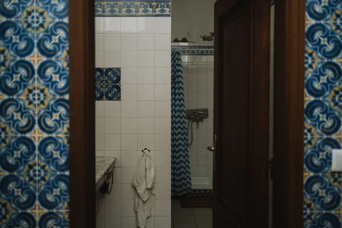 Bathroom with vintage blue wall tile and a shower, giving the room a classic feel