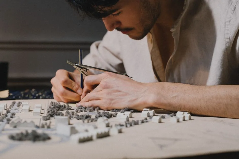 Architect focused on creating a detailed model using a compass indoors, showcasing precision and creativity.