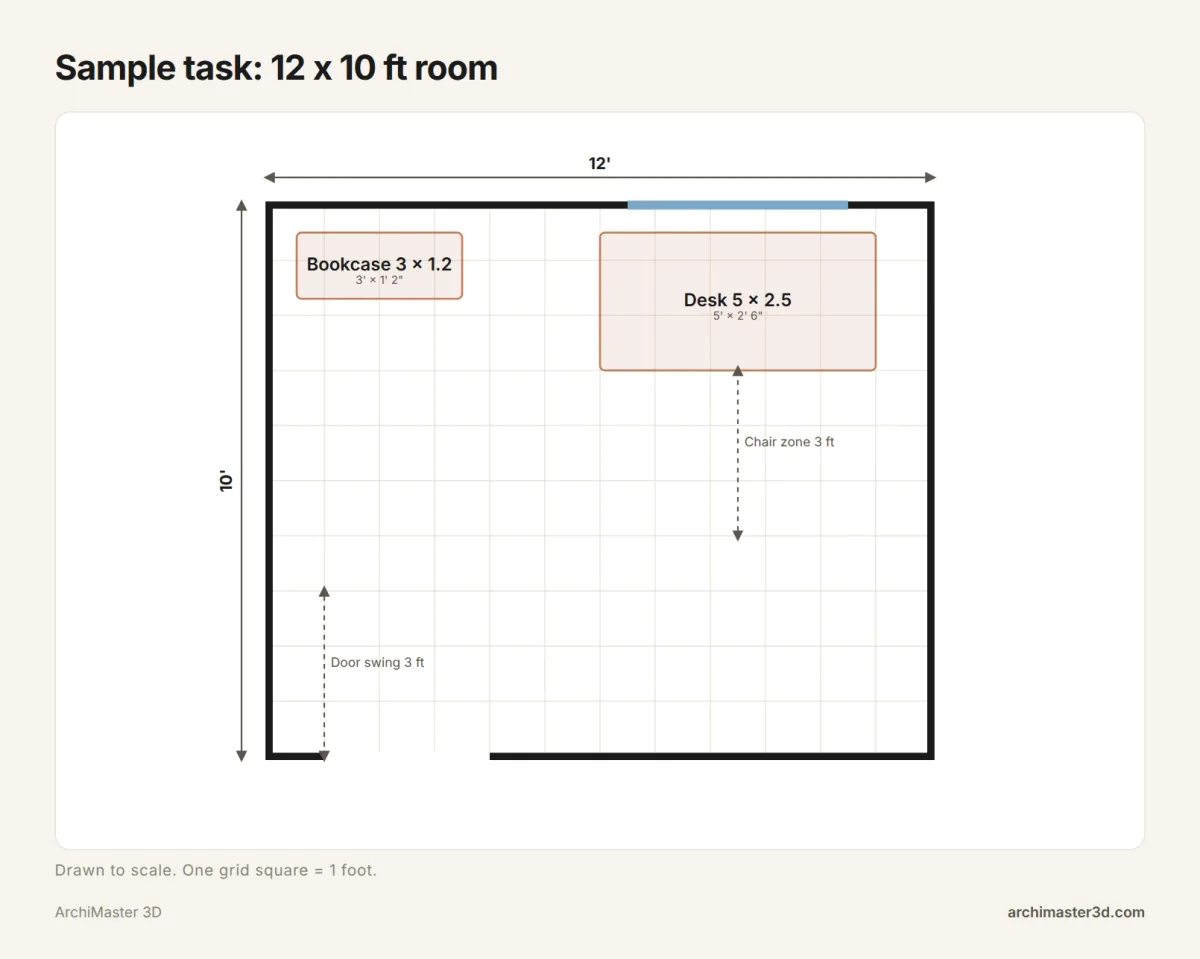 To-scale plan of a 12 by 10 foot room with a 3 foot door, a 4 foot window, a desk and a bookcase