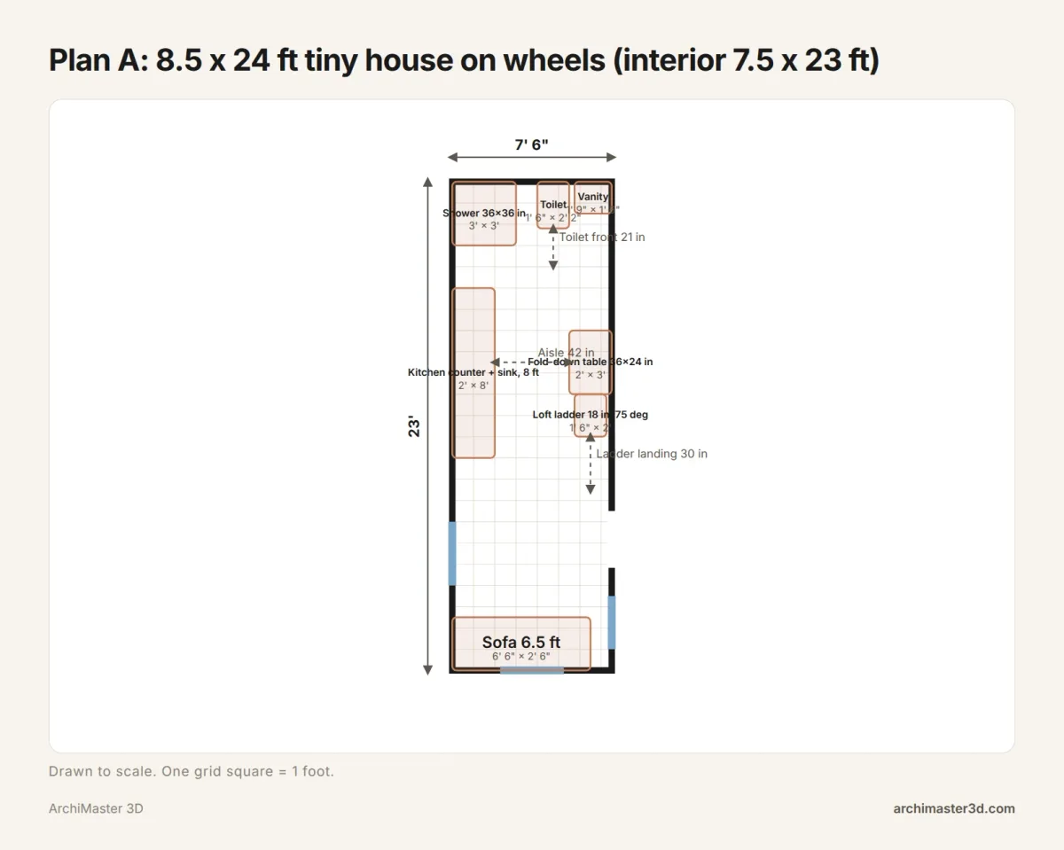 Scaled floor plan of a 7.5 by 23 ft tiny house interior with shower, toilet, kitchen counter, fold-down table, loft ladder and sofa