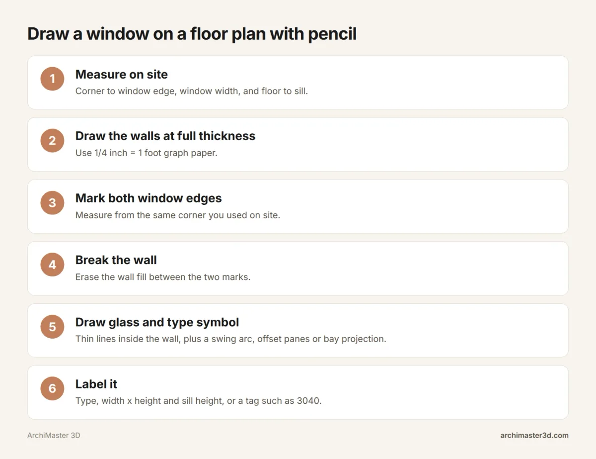 Six steps for drawing a window on a floor plan with pencil and graph paper: measure, draw walls, mark edges, break the wall, draw glass, label