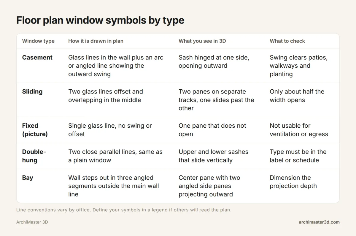 Table comparing how casement, sliding, fixed, double-hung and bay windows are drawn on a floor plan and what each looks like in 3D