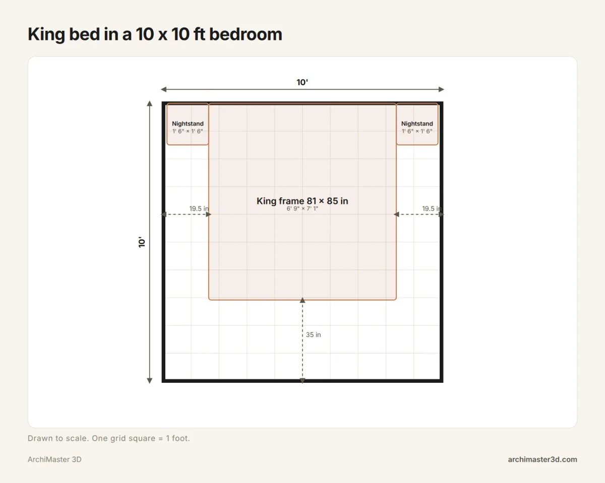 Scale plan of a 10 by 10 foot bedroom with a king bed leaving 19.5 inch side walkways and 35 inches at the foot