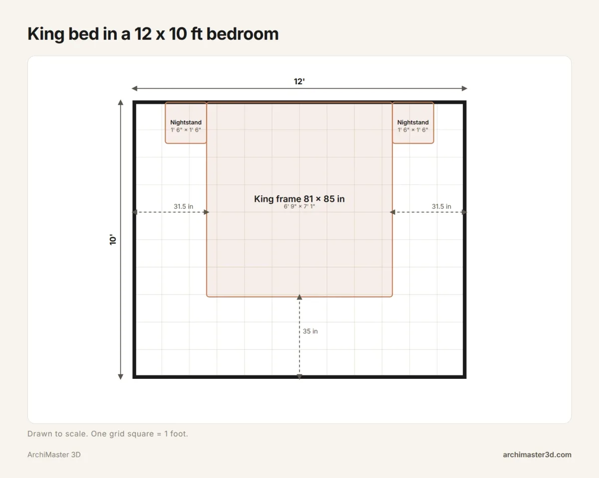 Scale plan of a 12 by 10 foot bedroom with a king bed on the 12 foot wall, 31.5 inch side walkways and 35 inches at the foot