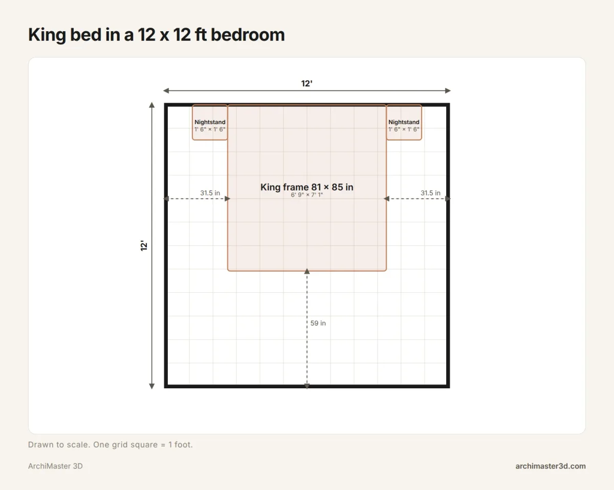 Scale plan of a 12 by 12 foot bedroom with a king bed centred on the top wall, 31.5 inch side walkways and 59 inches at the foot
