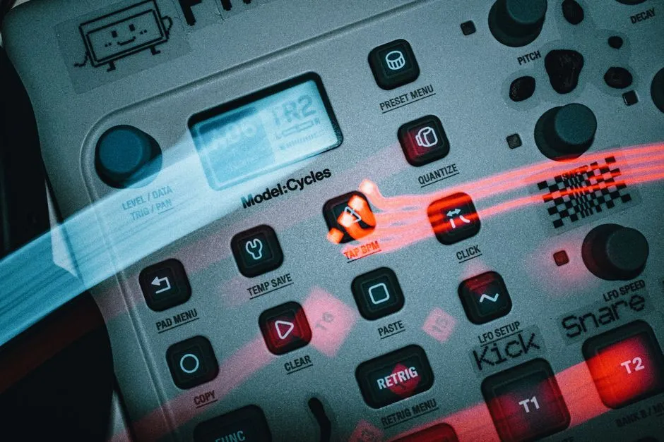Detailed view of an electronic music sequencer with buttons and dials, showcasing a sleek design.