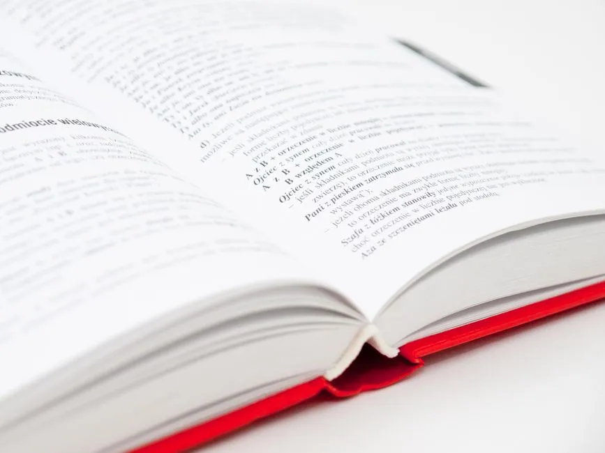 An open book with a red cover showing pages filled with text, symbolizing knowledge and education.