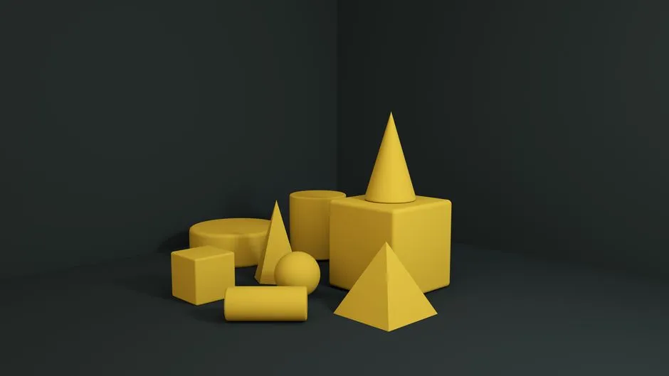 3D render of yellow geometric shapes, creating an abstract and minimalistic design.